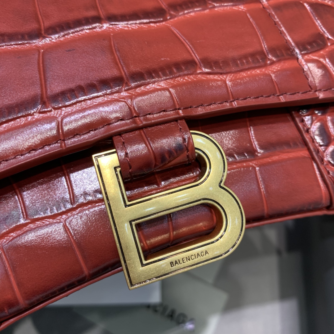 Balenciaga Hourglass XS Handbag Crocodile Embossed Shoulder Bag Burgundy